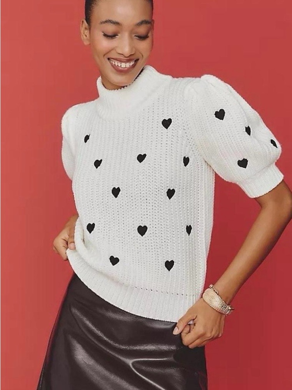 NWT English Factory White Heart-Print Puff Sleeve Sweater - Women XL